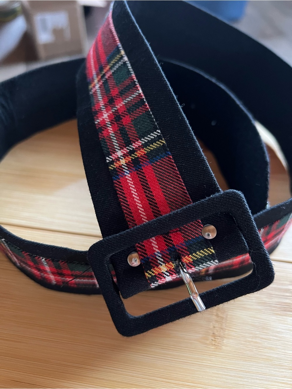 Red Black Tartan Plaid Fabric Belt Rectangular Buckle Punk Preppy 40 Inch